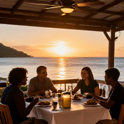 Caribbean Holidays, Cheap February Holidays, Relaxed Caribbean beach restaurant at sunset in the United States Virgin Islands, with local food, soft evening light and a welcoming holiday mood