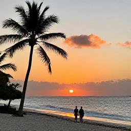 Caribbean Holidays, Cheap February Holidays, Relaxed Dominican Republic sunset over a palm-fringed beach with a couple walking along the shoreline
