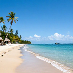 Caribbean Holidays, Cheap February Holidays, Relaxed golden beach at Pigeon Point in Tobago with clear turquoise water, palm trees and a small thatched beach hut