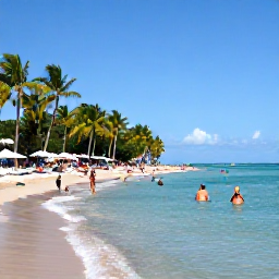 Caribbean Holidays, Cheap February Holidays, Relaxed Puerto Rico beach holiday scene with travellers swimming in clear water and palm trees beside a sandy shore