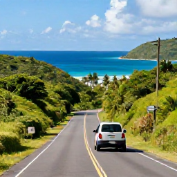 Caribbean Holidays, Cheap February Holidays, Scenic coastal road in Tobago leading through lush green hills towards a bright Caribbean sea, with a small rental car