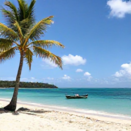 Caribbean Holidays, Cheap February Holidays, Sunny beach on Saint Vincent with calm turquoise water, palm trees and a small fishing boat