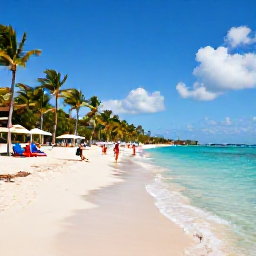 Caribbean Holidays, Cheap February Holidays, Sunny Punta Cana beach in the Dominican Republic with turquoise water, palm trees and relaxed holidaymakers
