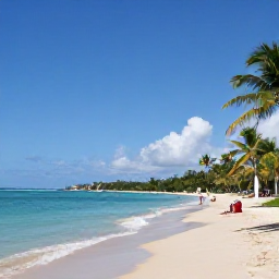 Caribbean Holidays, Cheap February Holidays, Sunny sandy beach on Saint Kitts with calm turquoise water, palm trees and a few relaxed holidaymakers