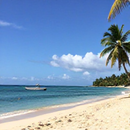 Caribbean Holidays, Cheap February Holidays, Sunny tropical beach in Tobago with calm turquoise water, soft sand, palm trees and a small fishing boat offshore