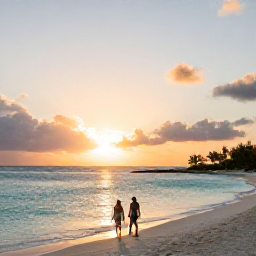 Caribbean Holidays, Cheap February Holidays, Sunset over a calm turquoise bay in the Turks and Caicos Islands, with a couple walking along the beach