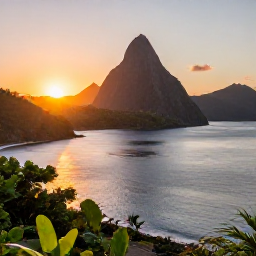 Caribbean Holidays, Cheap February Holidays, The Pitons rising above the sea at sunset in Saint Lucia, viewed from a scenic coastal lookout