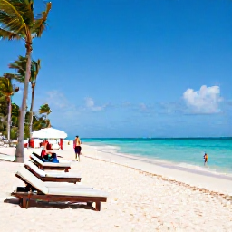 Caribbean Holidays, Cheap February Holidays, Travellers enjoying a broad sandy beach in Punta Cana with sun loungers, palm trees and calm turquoise Caribbean water