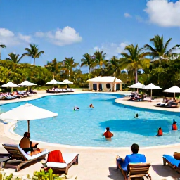 Caribbean Holidays, Cheap February Holidays, Travellers relaxing beside a large resort pool in Punta Cana, Dominican Republic, with sun loungers, tropical gardens and blue sky