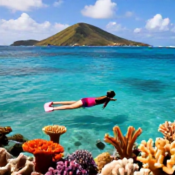 Caribbean Holidays, Cheap February Holidays, Travellers snorkelling in clear Caribbean water near colourful coral and tropical fish, with a British Virgin Islands island in the background