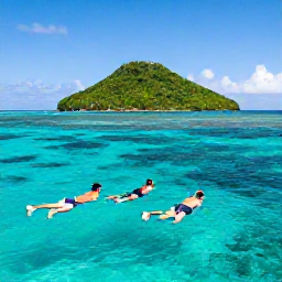 Caribbean Holidays, Cheap February Holidays, Travellers snorkelling in clear turquoise water near a Caribbean reef, with a green island in the background
