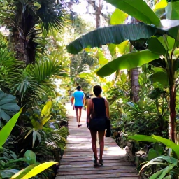 Caribbean Holidays, Cheap February Holidays, Visitors exploring the lush rainforest of Tobago with a guide, tropical plants, wooden trail and sunlight filtering through the canopy