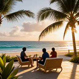 Caribbean Holidays, Cheap February Jamaica, Comfortable Jamaican hotel terrace overlooking a tropical beach, with warm sunshine and guests enjoying a February holiday
