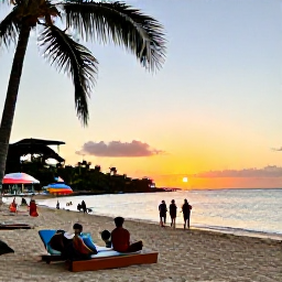 Caribbean Holidays, Cheap February Jamaica, Relaxed Jamaican resort beach at sunset with travellers enjoying the sand, sea and colourful local atmosphere