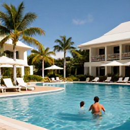 Caribbean Holidays, Cheap February Jamaica, Traveller comparing affordable Jamaica holiday options beside a sunny hotel pool, with tropical gardens and palm trees