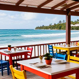 Caribbean Holidays, Cheap February Martinique, A friendly Martinique beachside restaurant serving Creole food, with colourful tables and a view of the Caribbean Sea