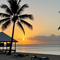 Caribbean Holidays, Cheap February Martinique, Relaxed Martinique beach at sunset with a small hotel, palm trees and calm Caribbean sea