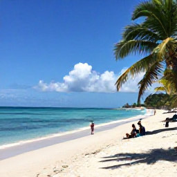 Caribbean Holidays, Cheap February Martinique, White sandy beach with turquoise water, palm trees and relaxed visitors in southern Martinique