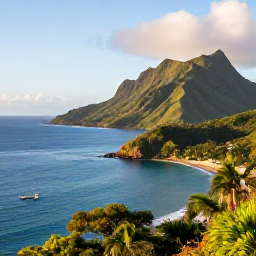 Caribbean Holidays, Cheap February Montserrat, Bright Caribbean morning over Montserrat's green volcanic hills, quiet coastline and blue sea