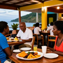 Caribbean Holidays, Cheap February Montserrat, Friendly local restaurant in Montserrat serving Caribbean food as visitors enjoy a relaxed evening atmosphere