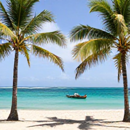 Caribbean Holidays, Cheap February Montserrat, Relaxed February afternoon at a quiet Montserrat beach with palm trees, turquoise water and a small local boat
