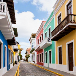 Caribbean Holidays, Cheap February Puerto Rico, Colourful colonial street in Old San Juan, Puerto Rico, with pastel buildings, balconies and cobbled paving