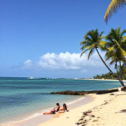 Caribbean Holidays, Cheap February Puerto Rico, Peaceful Puerto Rico beach with palm trees, clear shallow water and a couple enjoying a budget-friendly day by the sea