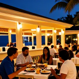 Caribbean Holidays, Cheap February Puerto Rico, Relaxed evening in Puerto Rico with outdoor dining, warm lights and travellers enjoying local food