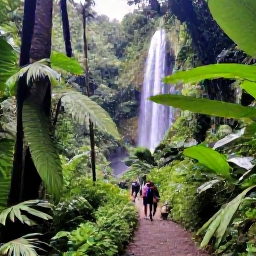 Caribbean Holidays, Cheap Grenada August, A lush Grenada rainforest with a small waterfall, tropical plants and visitors walking along a forest trail