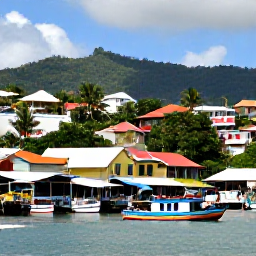 Caribbean Holidays, Cheap Grenada August, Colourful boats and the market area around St George's harbour in Grenada, with hillside buildings and tropical greenery