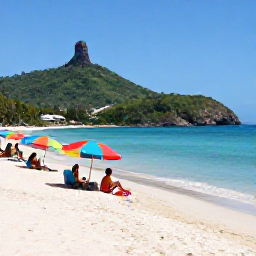 Caribbean Holidays, Cheap Grenada August, Visitors relaxing on Grand Anse Beach in Grenada, with colourful umbrellas, clear water and green hills in the background