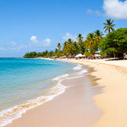Caribbean Holidays, Cheap Grenada Holidays, Bright Grand Anse Beach in Grenada with calm turquoise water, golden sand, palm trees and relaxed holiday visitors