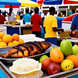 Caribbean Holidays, Cheap Grenada Holidays, Local Grenadian food stall serving grilled fish, roti, rice and fresh tropical fruit in a lively outdoor market