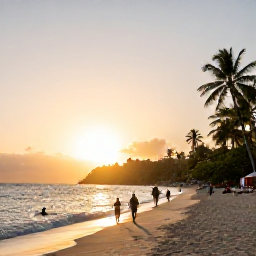 Caribbean Holidays, Cheap Grenada Holidays, Relaxed budget holiday scene at Grand Anse Beach, Grenada, with visitors swimming, walking along the shore and enjoying the sunset