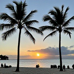 Caribbean Holidays, Cheap Grenada Holidays, Sunset over Grand Anse Beach in Grenada, with silhouettes of palm trees and visitors enjoying a peaceful evening by the sea