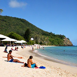 Caribbean Holidays, Cheap Grenada July, Visitors relaxing on Grand Anse Beach, Grenada, with calm Caribbean water, beach caf&eacute;s and green hills in the background