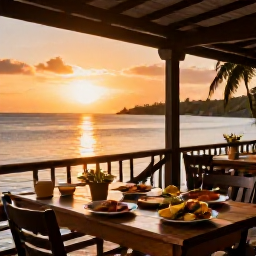 Caribbean Holidays, Cheap Grenada May, A friendly outdoor restaurant serving fresh Caribbean food beside the sea in Grenada at sunset