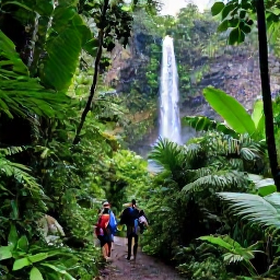 Caribbean Holidays, Cheap Guadeloupe April, Lush Guadeloupe rainforest trail with waterfall, tropical plants and hikers enjoying the scenery