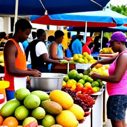 Caribbean Holidays, Cheap Guadeloupe August, A colourful Guadeloupe street market with tropical fruit, spices, local food stalls and friendly shoppers