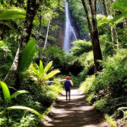 Caribbean Holidays, Cheap Guadeloupe August, A green rainforest trail in Guadeloupe with a waterfall, tropical plants and hikers in August sunshine