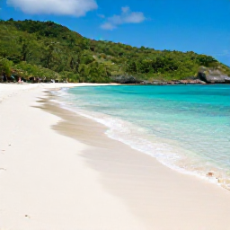 Caribbean Holidays, Cheap Guadeloupe August, A quiet Guadeloupe beach with white sand, clear shallow water and lush green hills in the background