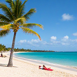 Caribbean Holidays, Cheap Guadeloupe August, A sunny Guadeloupe beach in August with palm trees, turquoise water and a few relaxed holidaymakers