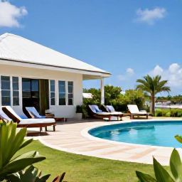 Caribbean Holidays, Cheap Guadeloupe August, A welcoming Guadeloupe hotel terrace with a small pool, tropical garden and relaxed guests in August