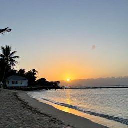 Caribbean Holidays, Cheap Guadeloupe Holidays, A calm Guadeloupe sunset over a quiet beach, with warm light on the sea and a small local guesthouse nearby