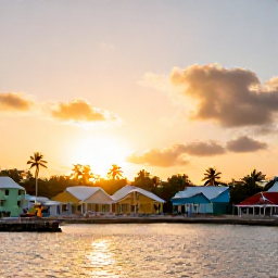 Caribbean Holidays, Cheap Guadeloupe Holidays, A charming Guadeloupe coastal village at sunset with colourful buildings, palm trees and a small harbour
