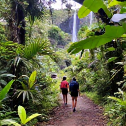 Caribbean Holidays, Cheap Guadeloupe Holidays, A lush Guadeloupe rainforest trail with tropical plants, waterfalls and hikers walking through the scenery