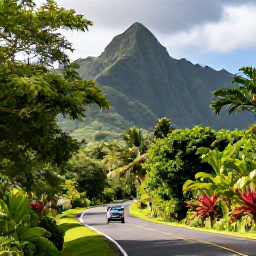 Caribbean Holidays, Cheap Guadeloupe Holidays, A scenic Guadeloupe road through lush tropical forest and mountains, with a small hire car travelling towards the coast