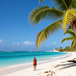Caribbean Holidays, Cheap Guadeloupe Holidays, A sunny Guadeloupe beach with turquoise water, palm trees and a relaxed traveller enjoying the shoreline