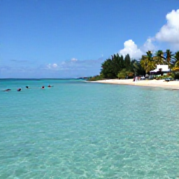 Caribbean Holidays, Cheap Guadeloupe July, A calm Guadeloupe lagoon with clear shallow water, snorkellers and a sandy beach backed by palms
