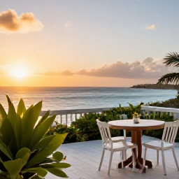 Caribbean Holidays, Cheap Guadeloupe July, A comfortable Guadeloupe holiday terrace overlooking the sea at sunset, with a small table and tropical greenery